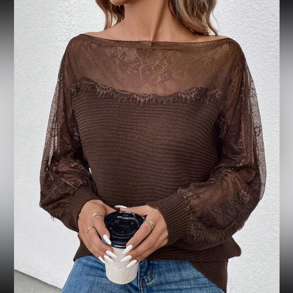 Comfy Elegant Sheer Mesh Lace Boat Neck Batwing Sleeve Sweater Top - Picture 16 of 16